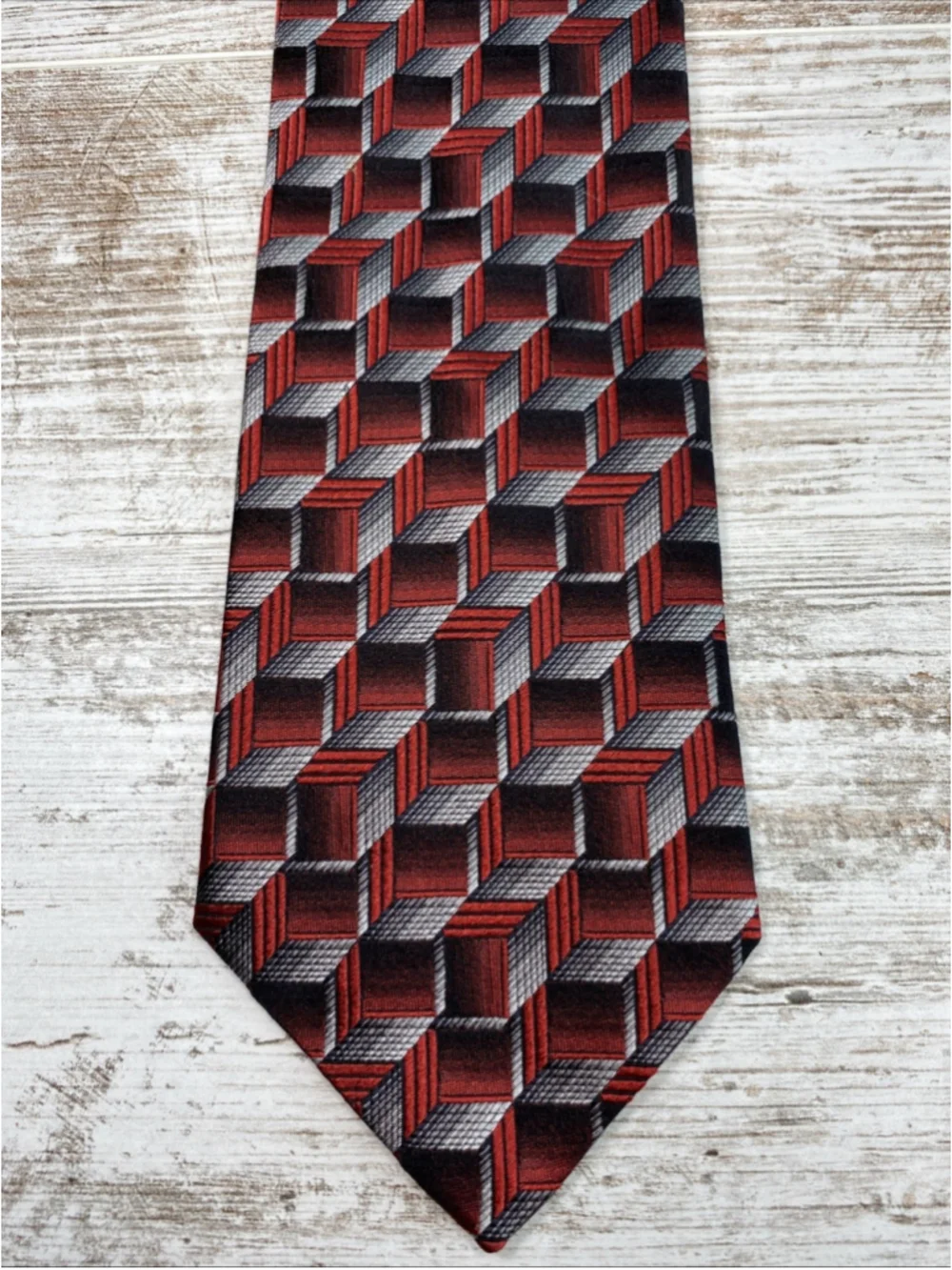 Vintage 1990s Fratelli Moda Italian Silk Tie 3D Geometric Cube Red Black Gray